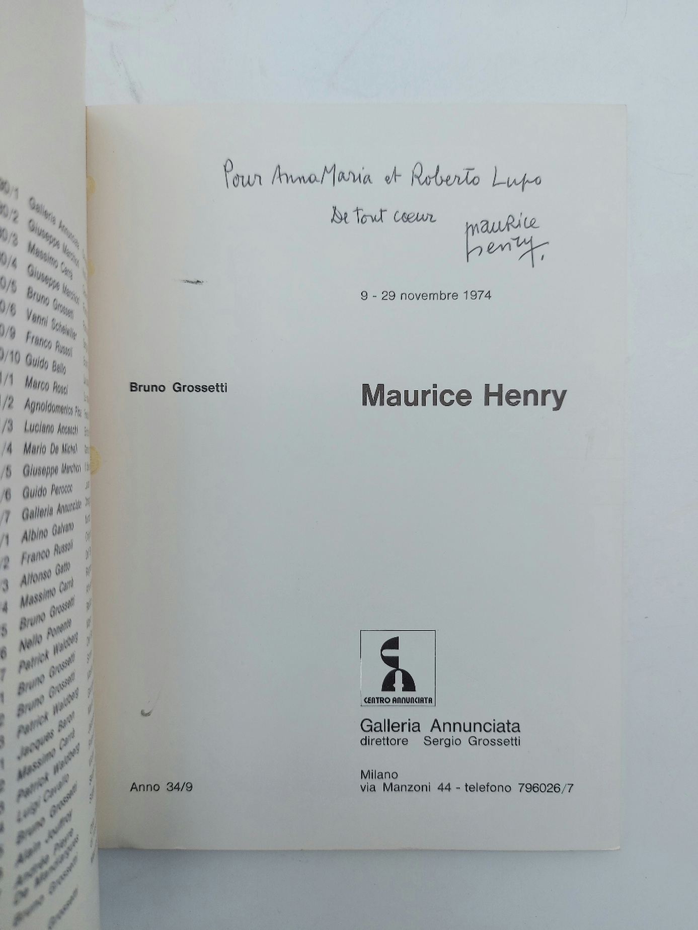 Maurice Henry. Galleria Annunciata 9-29 novembre 1974 (con dedica autografa dell'artista)